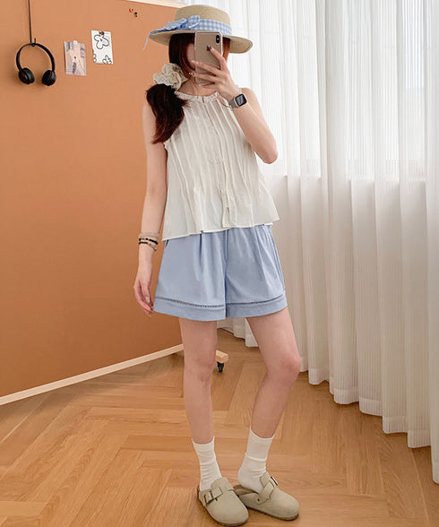 梯子レースショートパンツハーフパンツ夏服 レディース ハイウエスト短パン おしゃれ可愛い ゆったりショーパン ウエストゴムキュロットボトムスきれいめ 裾透かし彫り 80SANSHI-001
