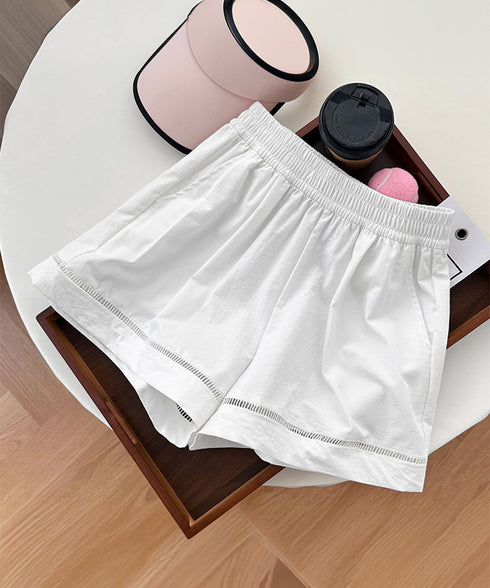 梯子レースショートパンツハーフパンツ夏服 レディース ハイウエスト短パン おしゃれ可愛い ゆったりショーパン ウエストゴムキュロットボトムスきれいめ 裾透かし彫り 80SANSHI-001