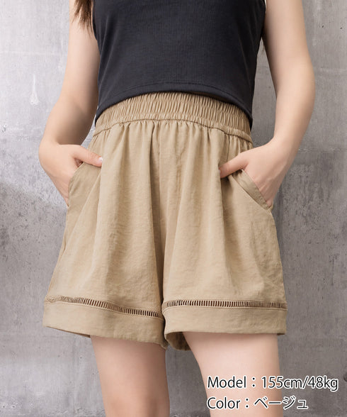 梯子レースショートパンツハーフパンツ夏服 レディース ハイウエスト短パン おしゃれ可愛い ゆったりショーパン ウエストゴムキュロットボトムスきれいめ 裾透かし彫り 80SANSHI-001