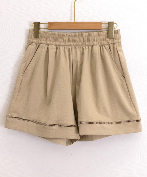 梯子レースショートパンツハーフパンツ夏服 レディース ハイウエスト短パン おしゃれ可愛い ゆったりショーパン ウエストゴムキュロットボトムスきれいめ 裾透かし彫り 80SANSHI-001