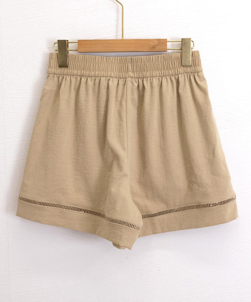 梯子レースショートパンツハーフパンツ夏服 レディース ハイウエスト短パン おしゃれ可愛い ゆったりショーパン ウエストゴムキュロットボトムスきれいめ 裾透かし彫り 80SANSHI-001