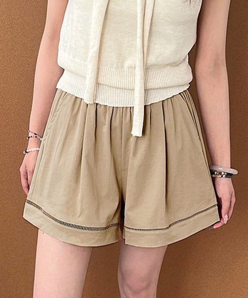梯子レースショートパンツハーフパンツ夏服 レディース ハイウエスト短パン おしゃれ可愛い ゆったりショーパン ウエストゴムキュロットボトムスきれいめ 裾透かし彫り 80SANSHI-001