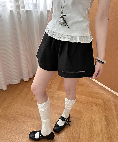 梯子レースショートパンツハーフパンツ夏服 レディース ハイウエスト短パン おしゃれ可愛い ゆったりショーパン ウエストゴムキュロットボトムスきれいめ 裾透かし彫り 80SANSHI-001