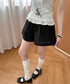 梯子レースショートパンツハーフパンツ夏服 レディース ハイウエスト短パン おしゃれ可愛い ゆったりショーパン ウエストゴムキュロットボトムスきれいめ 裾透かし彫り 80SANSHI-001