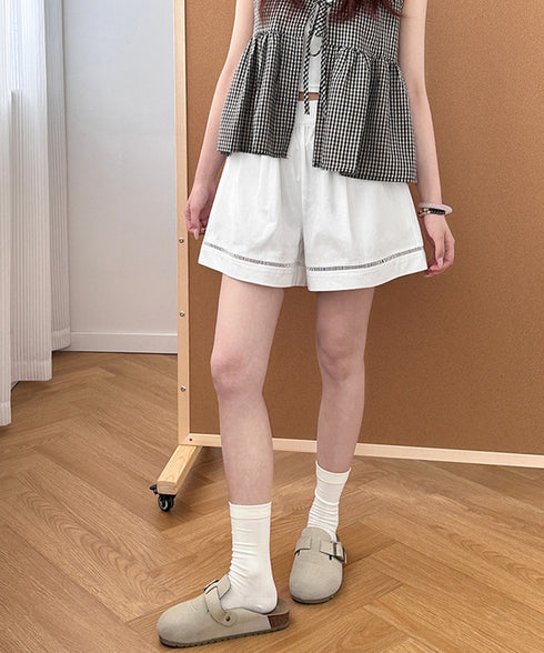 梯子レースショートパンツハーフパンツ夏服 レディース ハイウエスト短パン おしゃれ可愛い ゆったりショーパン ウエストゴムキュロットボトムスきれいめ 裾透かし彫り 80SANSHI-001