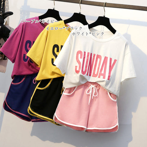 ルームウェア レディース ビッグロゴ 部屋着 おしゃれ レディース パジャマ 上下セット 春夏 セットアップ 半袖 ロゴtシャツ 短パン 寝間着 かわいい薄手 80SHENH-001