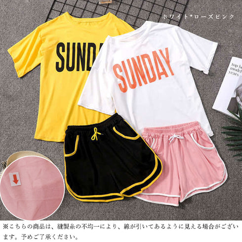 ルームウェア レディース ビッグロゴ 部屋着 おしゃれ レディース パジャマ 上下セット 春夏 セットアップ 半袖 ロゴtシャツ 短パン 寝間着 かわいい薄手 80SHENH-001