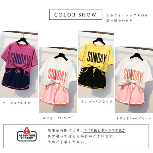 ルームウェア レディース ビッグロゴ 部屋着 おしゃれ レディース パジャマ 上下セット 春夏 セットアップ 半袖 ロゴtシャツ 短パン 寝間着 かわいい薄手 80SHENH-001