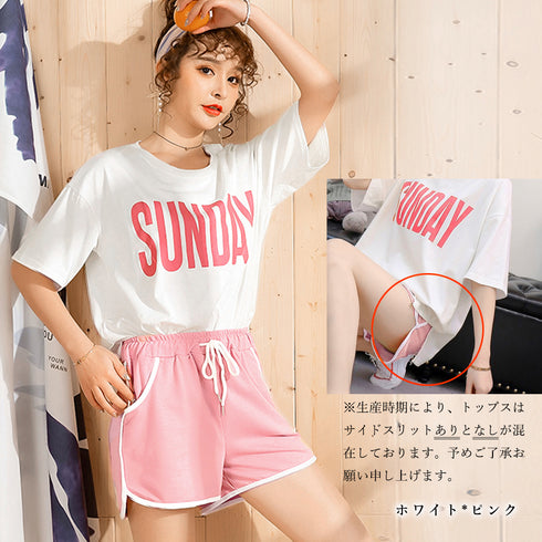 ルームウェア レディース ビッグロゴ 部屋着 おしゃれ レディース パジャマ 上下セット 春夏 セットアップ 半袖 ロゴtシャツ 短パン 寝間着 かわいい薄手 80SHENH-001