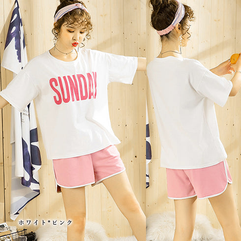 ルームウェア レディース ビッグロゴ 部屋着 おしゃれ レディース パジャマ 上下セット 春夏 セットアップ 半袖 ロゴtシャツ 短パン 寝間着 かわいい薄手 80SHENH-001