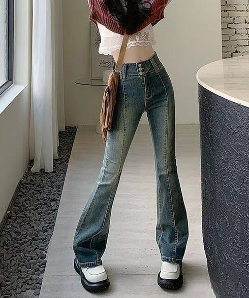 レトロ セミフレアデニムパンツレディース ジーパン ハイウエスト ヴィンテージパンツ 美脚脚長 ブーツカットデニム カジュアル 着やせ フロントラインロングパンツ 80SHUT-003
