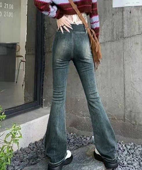 レトロ セミフレアデニムパンツレディース ジーパン ハイウエスト ヴィンテージパンツ 美脚脚長 ブーツカットデニム カジュアル 着やせ フロントラインロングパンツ 80SHUT-003