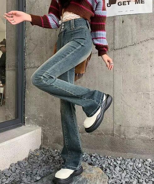 レトロ セミフレアデニムパンツレディース ジーパン ハイウエスト ヴィンテージパンツ 美脚脚長 ブーツカットデニム カジュアル 着やせ フロントラインロングパンツ 80SHUT-003