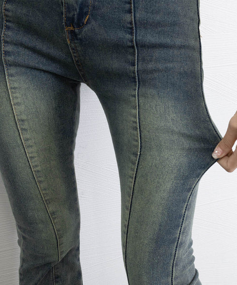 レトロ セミフレアデニムパンツレディース ジーパン ハイウエスト ヴィンテージパンツ 美脚脚長 ブーツカットデニム カジュアル 着やせ フロントラインロングパンツ 80SHUT-003