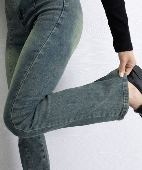 レトロ セミフレアデニムパンツレディース ジーパン ハイウエスト ヴィンテージパンツ 美脚脚長 ブーツカットデニム カジュアル 着やせ フロントラインロングパンツ 80SHUT-003