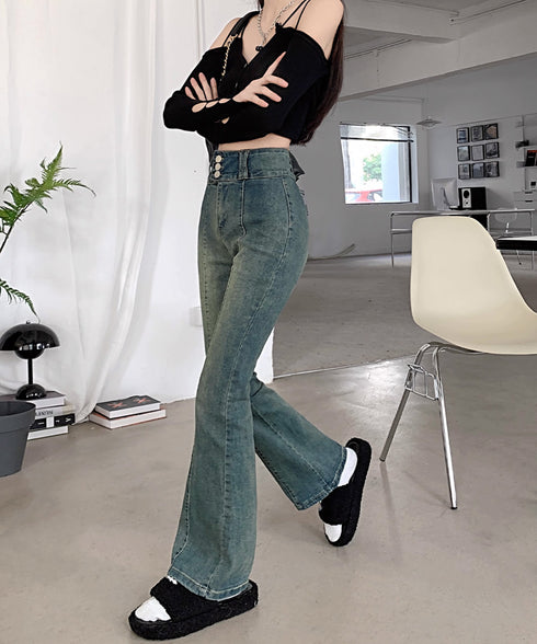 レトロ セミフレアデニムパンツレディース ジーパン ハイウエスト ヴィンテージパンツ 美脚脚長 ブーツカットデニム カジュアル 着やせ フロントラインロングパンツ 80SHUT-003