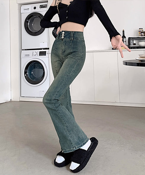 レトロ セミフレアデニムパンツレディース ジーパン ハイウエスト ヴィンテージパンツ 美脚脚長 ブーツカットデニム カジュアル 着やせ フロントラインロングパンツ 80SHUT-003