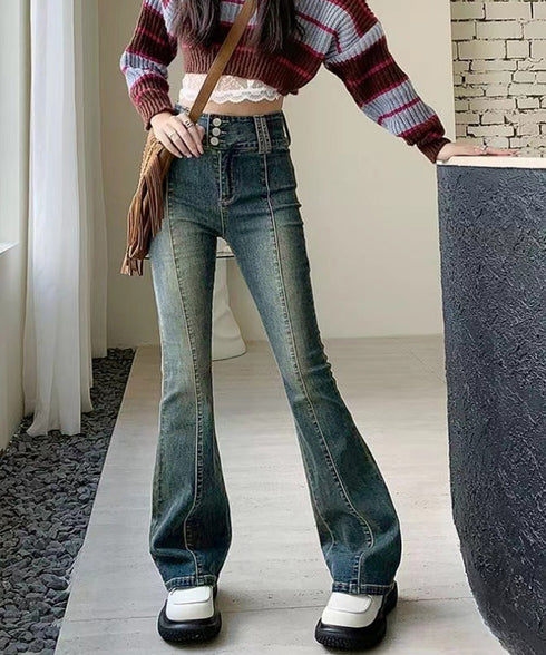 レトロ セミフレアデニムパンツレディース ジーパン ハイウエスト ヴィンテージパンツ 美脚脚長 ブーツカットデニム カジュアル 着やせ フロントラインロングパンツ 80SHUT-003