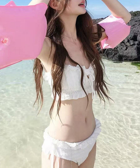 フリルビキニセパレート水着セット 韓国風 大人可愛い水着フェミニン 小胸盛れるシャーリング水着 ポコポコ素材スイムウェア サイドリボンショーツ お洒落ビーチウェア 80SYX-001