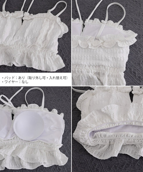 フリルビキニセパレート水着セット 韓国風 大人可愛い水着フェミニン 小胸盛れるシャーリング水着 ポコポコ素材スイムウェア サイドリボンショーツ お洒落ビーチウェア 80SYX-001