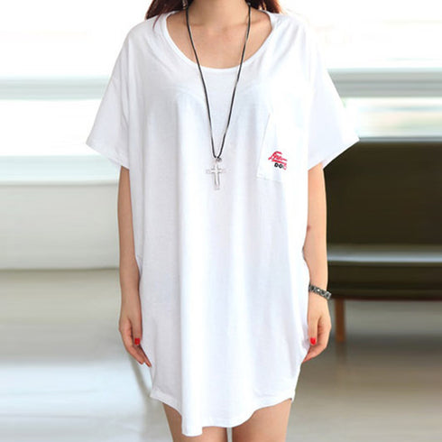 チュニックロンT 半袖 ロングtシャツ夏 ゆったり ラウンドネック ロゴTシャツ レディース 無地カットソー プルオーバー 体型カバー 着やせチュニックワンピ韓国 80TAOYIN-001