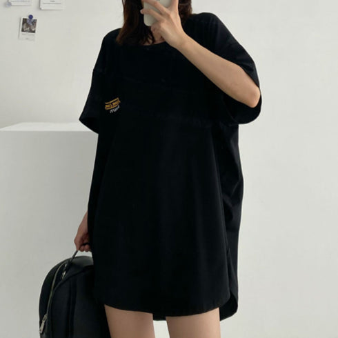 チュニックロンT 半袖 ロングtシャツ夏 ゆったり ラウンドネック ロゴTシャツ レディース 無地カットソー プルオーバー 体型カバー 着やせチュニックワンピ韓国 80TAOYIN-001