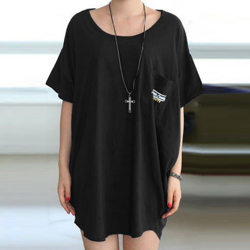 チュニックロンT 半袖 ロングtシャツ夏 ゆったり ラウンドネック ロゴTシャツ レディース 無地カットソー プルオーバー 体型カバー 着やせチュニックワンピ韓国 80TAOYIN-001