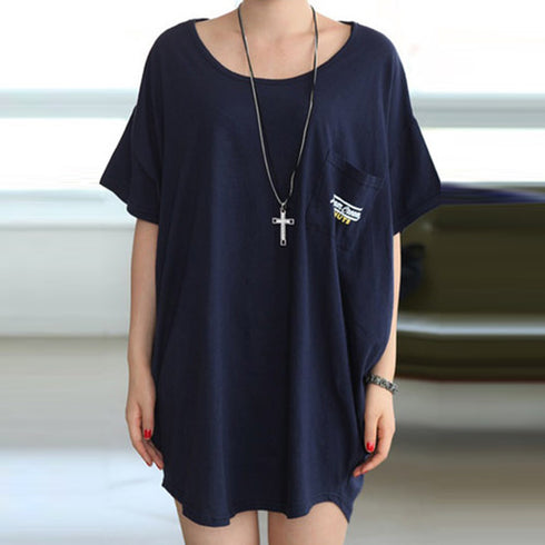 チュニックロンT 半袖 ロングtシャツ夏 ゆったり ラウンドネック ロゴTシャツ レディース 無地カットソー プルオーバー 体型カバー 着やせチュニックワンピ韓国 80TAOYIN-001