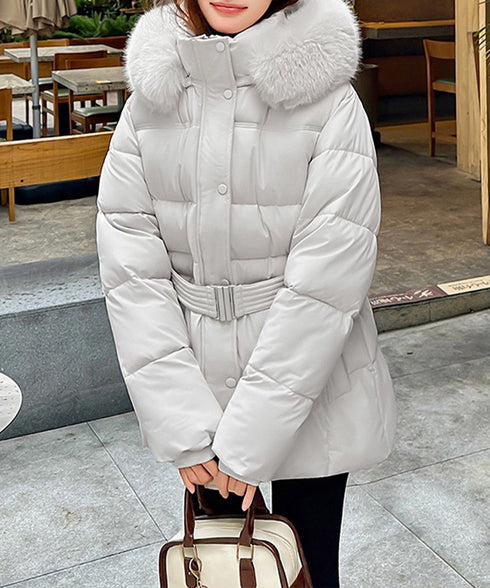 フーディーダウンジャケット 中綿アウター レディース フェイクダウンコートミドル丈 ファーフードアウター 中綿ジャケットウエストマーク 保温防寒防風 あったか冬服 80TIANN-003