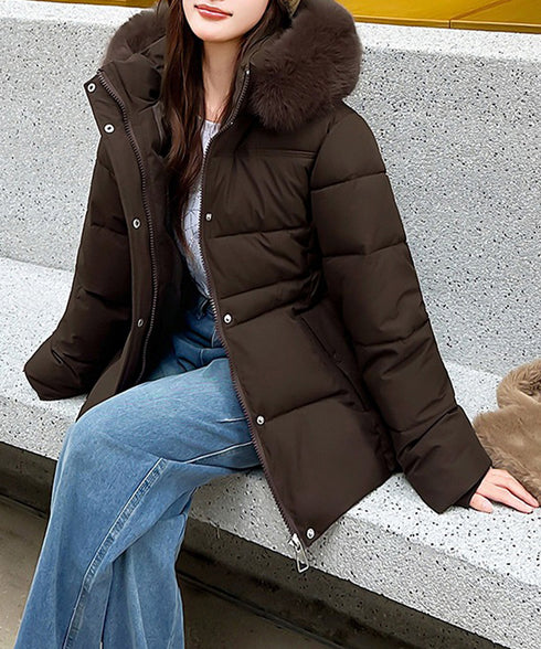 フーディーダウンジャケット 中綿アウター レディース フェイクダウンコートミドル丈 ファーフードアウター 中綿ジャケットウエストマーク 保温防寒防風 あったか冬服 80TIANN-003