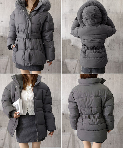 フーディーダウンジャケット 中綿アウター レディース フェイクダウンコートミドル丈 ファーフードアウター 中綿ジャケットウエストマーク 保温防寒防風 あったか冬服 80TIANN-003