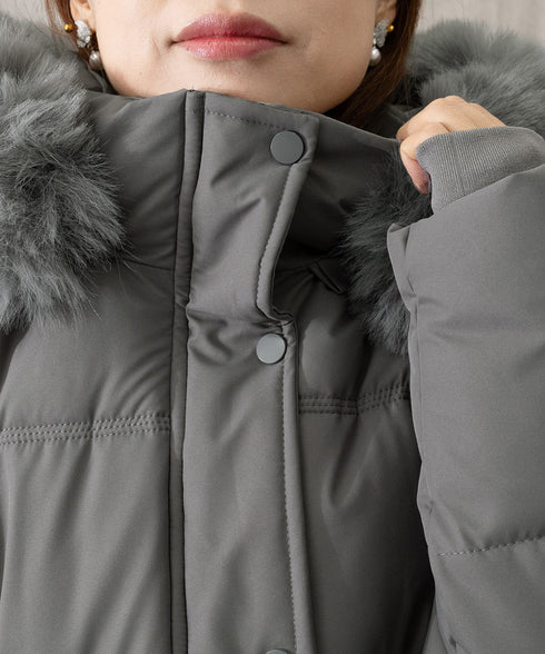 フーディーダウンジャケット 中綿アウター レディース フェイクダウンコートミドル丈 ファーフードアウター 中綿ジャケットウエストマーク 保温防寒防風 あったか冬服 80TIANN-003