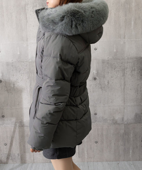 フーディーダウンジャケット 中綿アウター レディース フェイクダウンコートミドル丈 ファーフードアウター 中綿ジャケットウエストマーク 保温防寒防風 あったか冬服 80TIANN-003