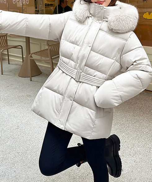 フーディーダウンジャケット 中綿アウター レディース フェイクダウンコートミドル丈 ファーフードアウター 中綿ジャケットウエストマーク 保温防寒防風 あったか冬服 80TIANN-003