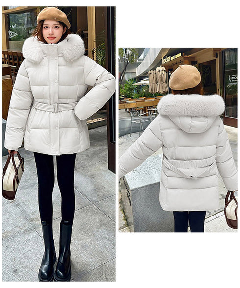 フーディーダウンジャケット 中綿アウター レディース フェイクダウンコートミドル丈 ファーフードアウター 中綿ジャケットウエストマーク 保温防寒防風 あったか冬服 80TIANN-003
