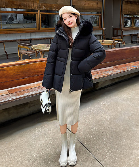 フーディーダウンジャケット 中綿アウター レディース フェイクダウンコートミドル丈 ファーフードアウター 中綿ジャケットウエストマーク 保温防寒防風 あったか冬服 80TIANN-003
