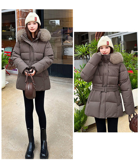 フーディーダウンジャケット 中綿アウター レディース フェイクダウンコートミドル丈 ファーフードアウター 中綿ジャケットウエストマーク 保温防寒防風 あったか冬服 80TIANN-003