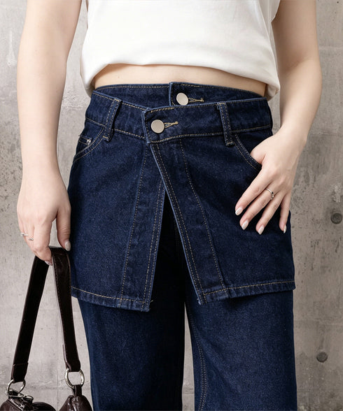 ヒップカバー付き ベルボトムワイドデニム レイヤード風デニムパンツ レディース ゆったり ラップスカート風フレアワイドデニムレトロ 体型カバーロングパンツ美脚脚長 80TMENG-001
