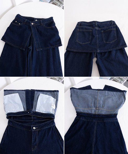 ヒップカバー付き ベルボトムワイドデニム レイヤード風デニムパンツ レディース ゆったり ラップスカート風フレアワイドデニムレトロ 体型カバーロングパンツ美脚脚長 80TMENG-001