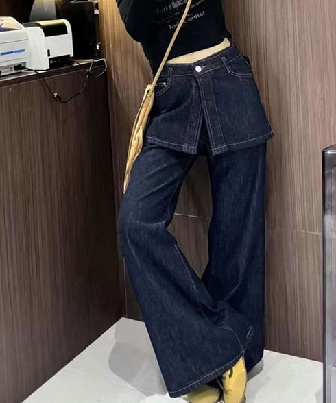 ヒップカバー付き ベルボトムワイドデニム レイヤード風デニムパンツ レディース ゆったり ラップスカート風フレアワイドデニムレトロ 体型カバーロングパンツ美脚脚長 80TMENG-001