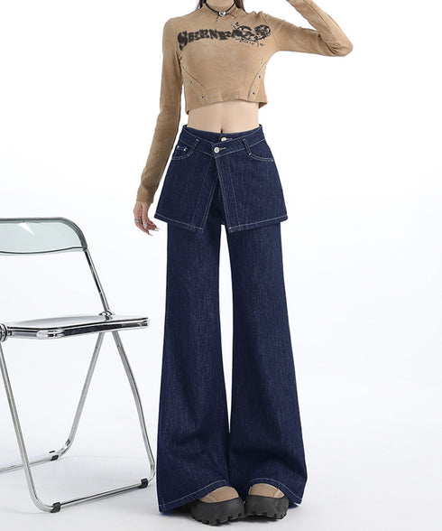ヒップカバー付き ベルボトムワイドデニム レイヤード風デニムパンツ レディース ゆったり ラップスカート風フレアワイドデニムレトロ 体型カバーロングパンツ美脚脚長 80TMENG-001