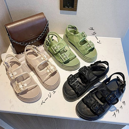 サンダル レディース メッシュサンダル夏 ダブルベルト 厚底サンダル フラット サマーシューズ 韓国 疲れにくい おしゃれ コンフォートサンダル カジュアル 夏靴 80TONGTAI-007
