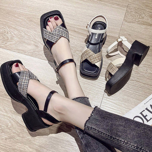 厚底サンダル クロスストラップ 韓国春夏 レディース 美脚 チャンキーヒール サンダル アンクルストラップ スクエアトゥ コンフォートシューズ 疲れないおしゃれ 80TONGTAI-018