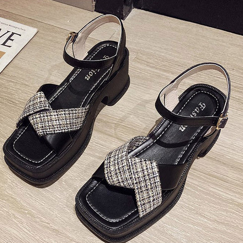 厚底サンダル クロスストラップ 韓国春夏 レディース 美脚 チャンキーヒール サンダル アンクルストラップ スクエアトゥ コンフォートシューズ 疲れないおしゃれ 80TONGTAI-018