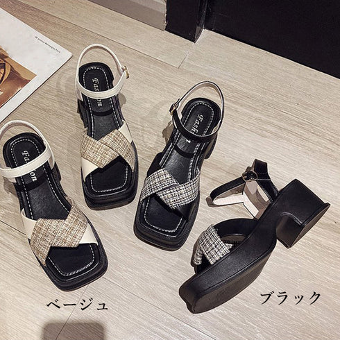 厚底サンダル クロスストラップ 韓国春夏 レディース 美脚 チャンキーヒール サンダル アンクルストラップ スクエアトゥ コンフォートシューズ 疲れないおしゃれ 80TONGTAI-018