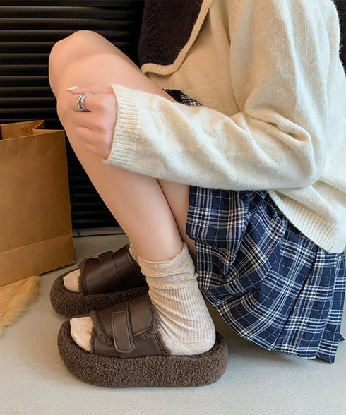 ファーサンダル 厚底 レトロボアサンダル レディース 暖かい ぺたんこ靴 もこもこルームシューズ 履きやすい フラットコンフォートサンダル 疲れない秋冬靴 韓国風 80TONGTAI-022