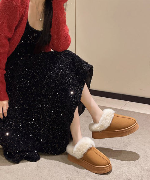 ファーサボサンダル厚底レディースモカシン もこもこ ムートンスリッポン 裏起毛ローファー 暖かいふわふわスリッポン ファーパンプス 保温防寒靴 オシャレ裏ボア冬靴 80TONGTAI-023