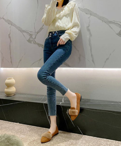 ファー付きパンプスポインテッドトゥ韓国風 フラットシューズ レディース 痛くない ぺたんこパンプス ローヒール 秋冬靴 脱げない 歩きやすい スエード調パンプス春 80TONGTAI-024