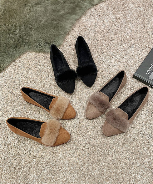 ファー付きパンプスポインテッドトゥ韓国風 フラットシューズ レディース 痛くない ぺたんこパンプス ローヒール 秋冬靴 脱げない 歩きやすい スエード調パンプス春 80TONGTAI-024