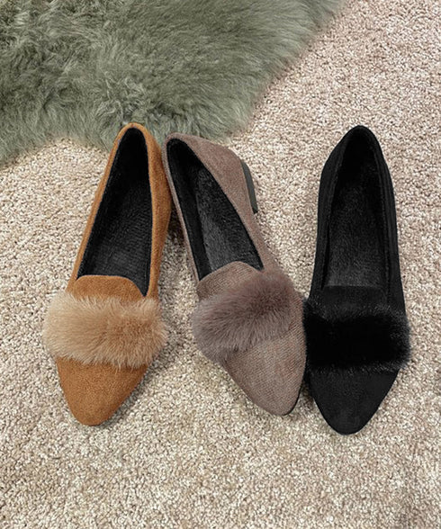 ファー付きパンプスポインテッドトゥ韓国風 フラットシューズ レディース 痛くない ぺたんこパンプス ローヒール 秋冬靴 脱げない 歩きやすい スエード調パンプス春 80TONGTAI-024